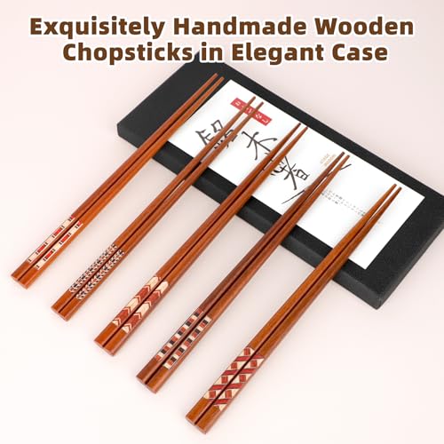Image of Antner Handmade Japanese Chopsticks Reusable Natural Wooden Chopstick with Box, 5 Pairs Gift Set
