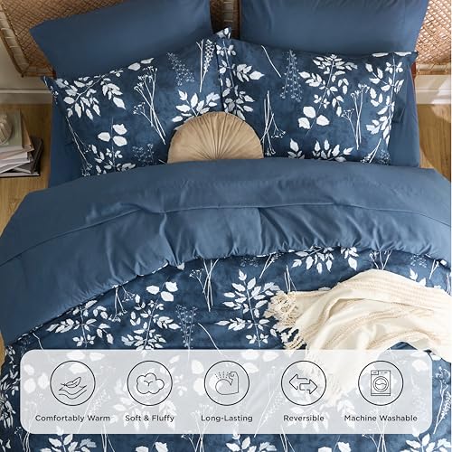 Image of Bedsure Floral Navy Comforter Set, King Bedding Sets, 7 Piece | Bed in a Bag, Comforters, Bedroom, Reversible, Fluffy, Whisper-Quiet, All-Season, Polyester, Easy Care, Botanical-Chic, OEKO