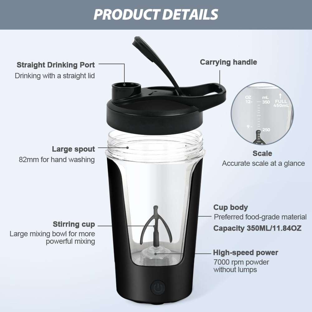 AOOWU Elektryczny shaker do białek, shaker do białek, ładowany przez USB, shaker proteinowy Vortex - 60+ shakes na jedno ładowanie, ze skalą pomiarową, nie zawiera BPA, 24 oz
