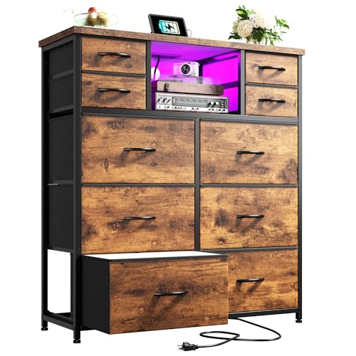 Romorgniz Dresser for Bedroom with LED Lights & Power Outlets 2 AC & 2 USB, Fabric 10 Drawer...