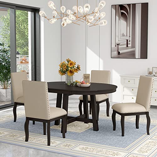 P PURLOVE 5 Pieces Dining Table Set Round Kitchen Extendable Dining Table with 4 Upholstered Chairs for Dining Room, Chair with Nail Head Trim, Bistro Table Set, Espresso and Beige