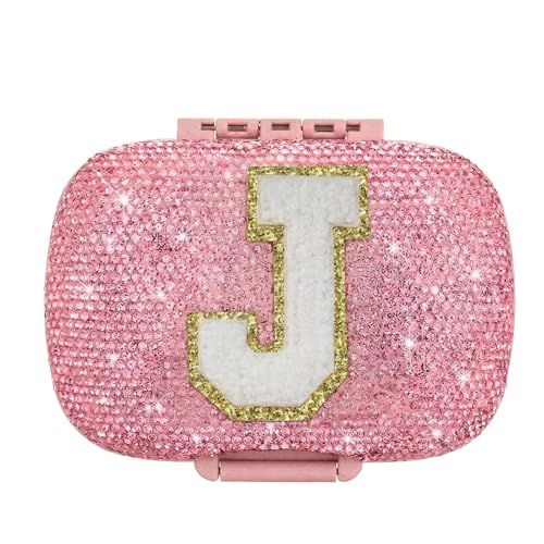 Image of Cute Pill Organizer Small Bling Pill Case for Purse Medicine Vitamin Container Holder Daily Pill Box Container for Women Travel Medicine Kit(Letter J Pink)