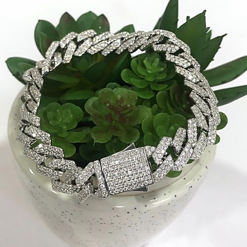 Men's Cuban Chain Bracelet Round Lab Created Moissanite Link Chain Bracelet in 14k Gold Plated Sterling Silver Jewery Gift For Him (12MM Width, 7.00 Ct To 9.00 Ct)2