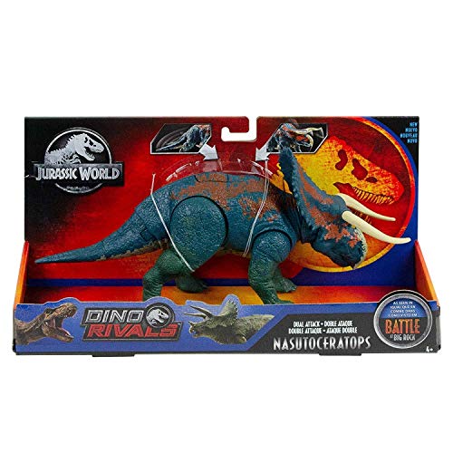 Jurassic World Dual Attack Nasutoceratops Dinosaurs in Medium Size with Button-activated Dual Strike Action Moves Like Tail & Head Strikes