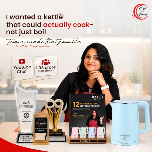 Image of Tesora by Cook with Parul Electric Kettle, 1.8L, 12 Recipes Book Included, 1500W, 100% Stainless Steel Inner Body, Auto Shut-Off, Boil-Dry & Overheat Protection, Cool Touch Double Wall (Blue)
