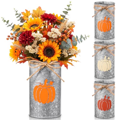 Domensi 3 Pcs Fall Table Centerpiece Pumpkin Vases Thanksgiving Decor Galvanized Metal Vases for Flowers Farmhouse Mason Jars Utensil Holder for Fall Home Thanksgiving Autumn Harvest Decorations