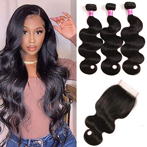 Mureen Brazilian Hair 3 Bundles with Closure Body Wave 4×4 Virgin Hair Lace Closure with Bundles Unprocessed Human Hair Extensions Weave Weft With Closure Natural Color (10 12 14 +10, Free Part)