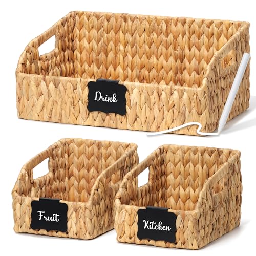 Pantry Baskets and Organizers, Large Wicker Baskets for Shelves, Handwoven Labeled Storage Basket for Organizing with Handles-Water Hyacinth Storage Bins, Boho Decorative, 3Pack, Natural