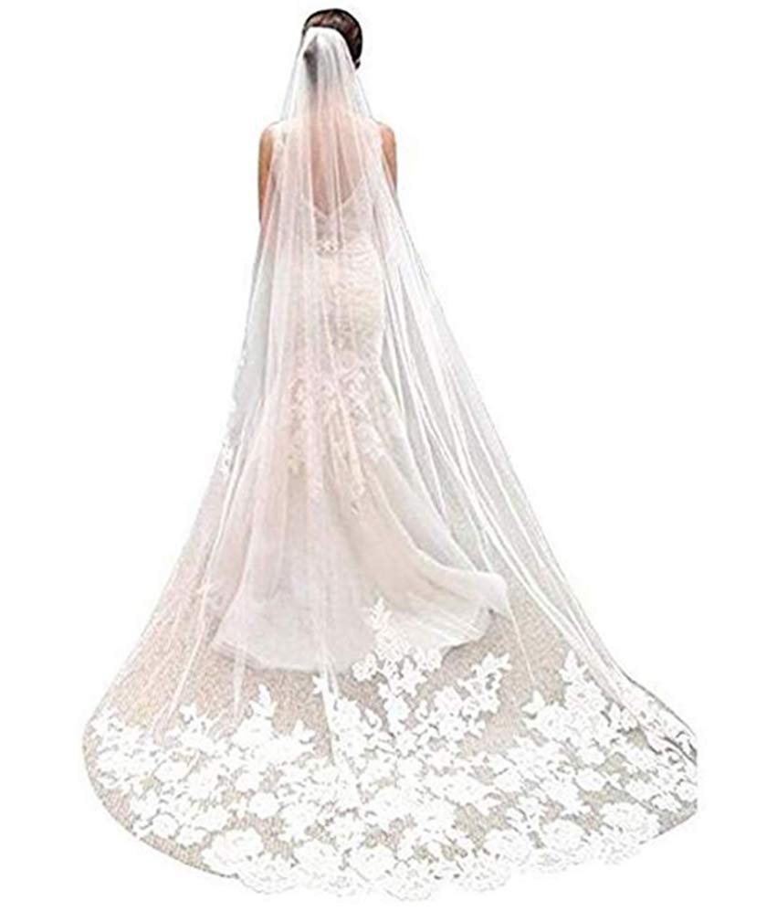 Botong Women's White Ivory Long Bridal Veil Soft Tulle Lace Edge 3M Wedding Veil With Comb Wedding Accessories (White)