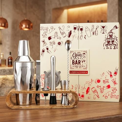 Image of O' Holic by Perch Cocktail Shaker Gift Set|10-Piece Stainless Steel Bartender Kit with Mango Wooden Stand|Accessories for Home Bar|Gift Box for Winters, Birthday, Wedding,Anniversary,Christmas |Silver
