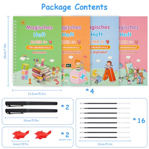 OFFCUP Magisches Heft, 4pcs Magisches übungsheft deutsch, Groove Calligraphy Wiederverwendbares Handschrift Workbook mit 2 Stifthaltern 16 Stiftminen, 2 Schreibhilfe-Silikongreifern (zufällige Farben)