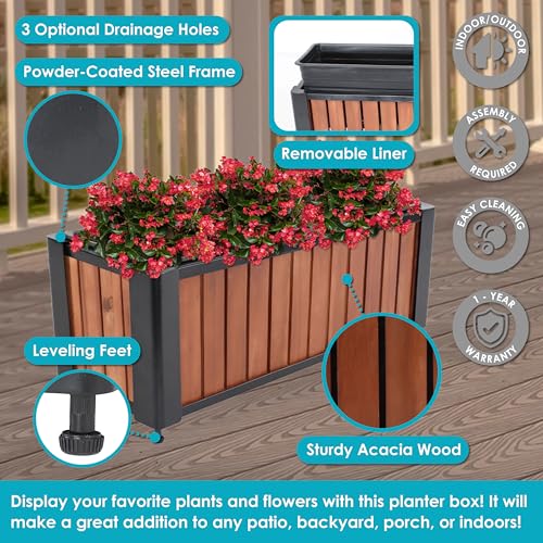 Sunnydaze Slatted Rectangular Wood Planter Box with Powder-Coated Steel Frame - 24