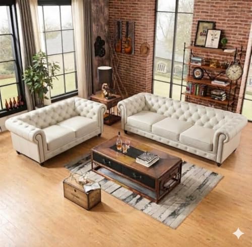 Image of Modern Classic Design Leatherette Luxury Chester Sofa Set with Button Tufted, Sofa for Living Room Home, Office and Lobby (White, 3+2=5 Seater Sofa)
