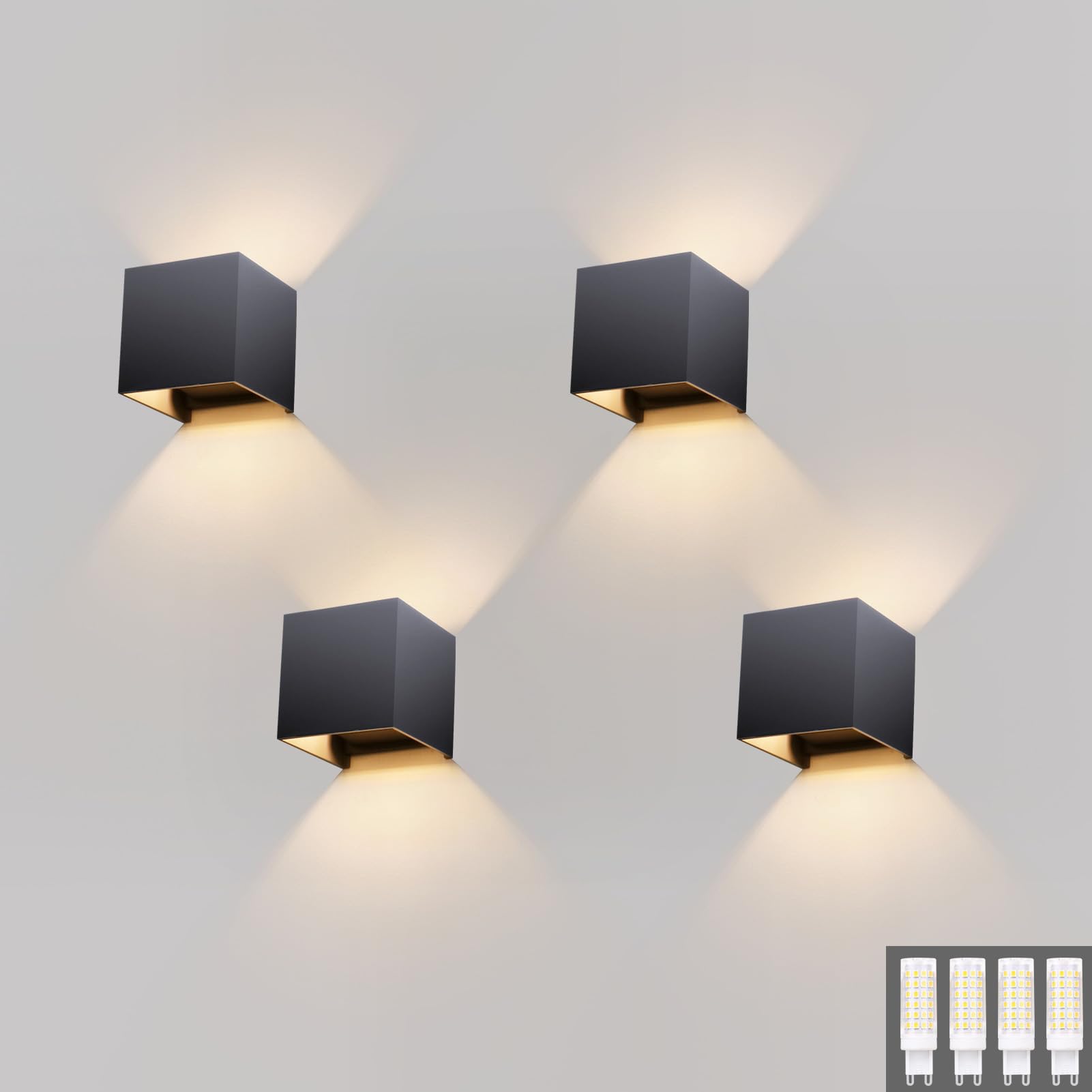 Klighten 4PCS Apliques De Pared Exterior/Interior Moderna, Blanco Cálido 3000K Lampara De Pared para Entrada, Balcones, Comedor, Gris oscuro (Incluye bombillas G9)