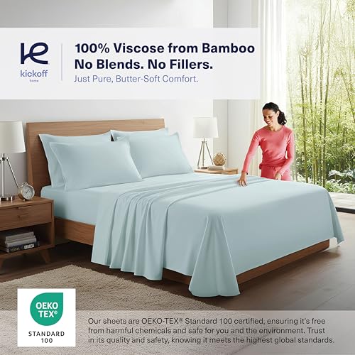 Kickoff Viscose Bamboo Sheets Twin XL Size 3-pc 100% Organic Bamboo Viscose Bed Cooling Sheets Twin XL Size Set Cool Bedding for hot Sleepers Sheet, Flat, Fitted, Pillowcase (Coastal Blue, TXL)