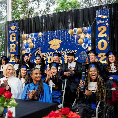 Image of AIBIIN Blue and Gold Graduation Decorations, Class of 2025 Graduation Backdrop Banner Proch Sign 2025 Congratulations Grad Party Supplies Decorations