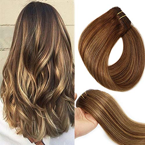 Clip In Human Hair Extensions Double Weft 8A Brazilian Hair 120g 7pcs Chocolate Brown to Dark Blonde Highlight Chocolate Brown Full Head Silky Straight 100% Human Hair Clip In Extensions 22 Inch