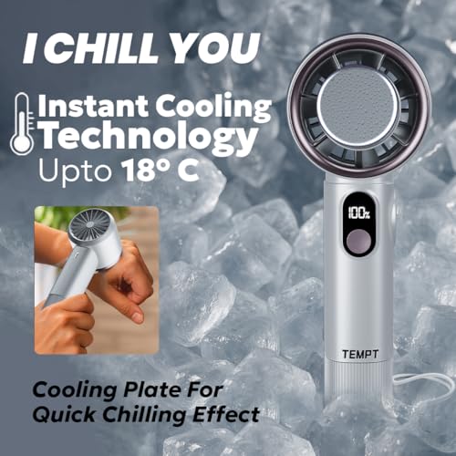 Image of TEMPT ICY Portable Cooling Hand Fan, 14000+ RPM Turbo Speed, USB-C, White | 12-Hour Runtime, Ultra Quiet 30dB, Smart LED Display, 4 Speed Settings, USB-C Fast Recharge, 4000mAh Battery, Portable Design