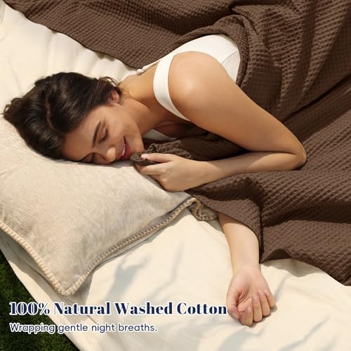 Image of PHF 100% Cotton Waffle Blanket Lightweight Breathable, Queen, Cappuccino | Pre-washed Soft Cozy Summer Throw for Hot Sleepers, Textured Decorative Layer for Bed Couch Sofa Guest Room, Giftable