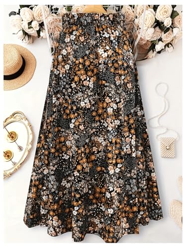 GORGLITTER Women's Plus Size Floral Boho Maxi Skirt Elastic High Waisted Ruffle A Line Flowy Renaissance Skirts2