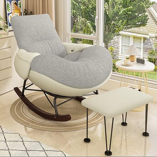 Modern Accent Rocking Chair with Armrests, Nursery Rocking Chairs with Ottoman, Upholstered Recliner Chair High Back, Ergonomic Design, Sled-Style Solid Wood Base, Wide Seat Surface for Bedroom(Gray)