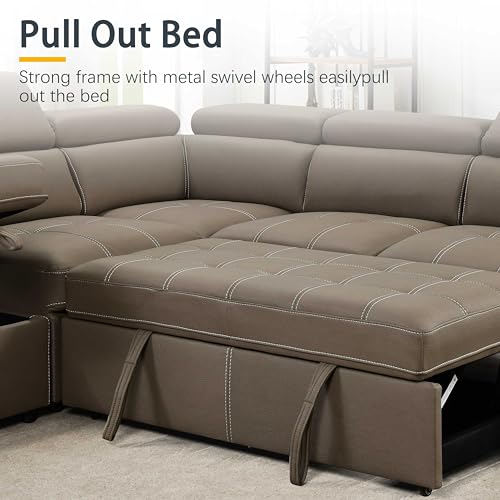 THSUPER 104'' Microfiber L Shaped Sectional Sleeper Sofa Couch with Pull Out Bed and Storage Ottoman, Convertible Couches with Adjustable Headrest for Living Room, Right Facing Chaise. Light Brown
