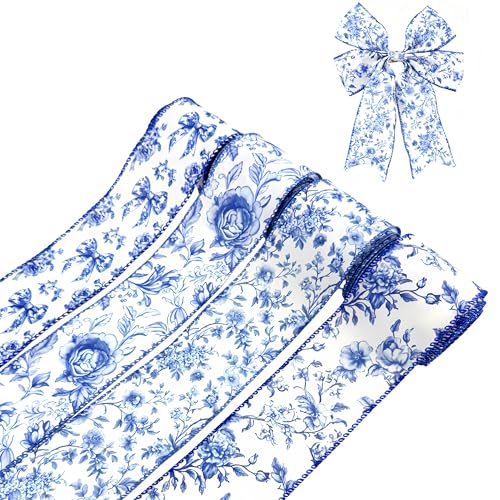 Hevricly Blue Floral Wired Ribbon Vintage Chinoiserie Fabric Craft Ribbon for Gift Wrapping Wedding Decor DIY Crafts 4 Rolls 2.5 Inch x 20 Yards (Blue)