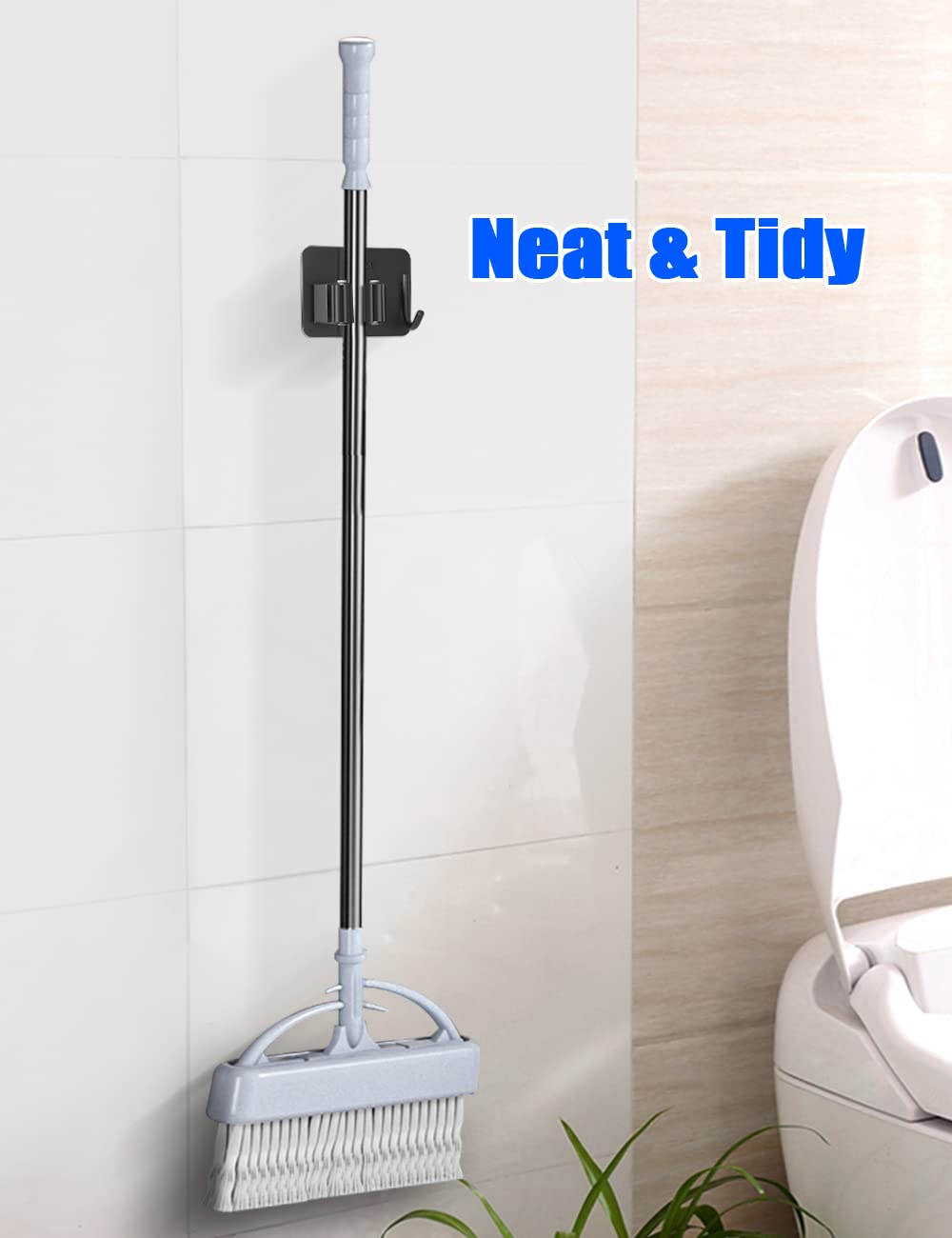 HYRIXDIRECT Supporto da parete per scopa e mocio, resistente, in acciaio inox, da parete, per lavanderia, casa, giardino, garage, portaoggetti e organizzazione (nero