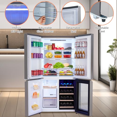 GarveeHome 36 Inch French Door Refrigerator, 21 Cu.Ft. Counter Depth Refrigerator Bottom Freezer with Wine Cabinet, Stainless Steel 4 Doors Fridges Kitchen Freezer, Adjustable Shelves