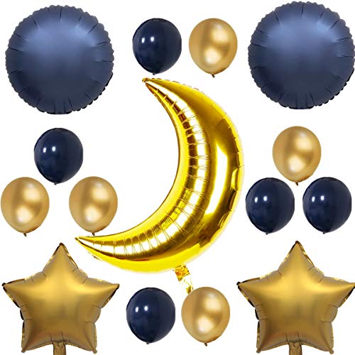 Sky Night Moon Star Theme Navy Blue Gold 15pcs Balloon Pack for Birthday Baby Boy Girl Shower Party Decoration Supply -36" Moon Balloon, 18" Foil Balloon, 12" Latex Balloon