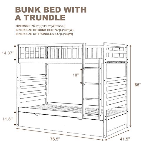 Solid Wood Bunk Beds with Trundle, Twin Over Twin Bed Frame with Ladder and Guardrail (Gray) - Thumbnail 4