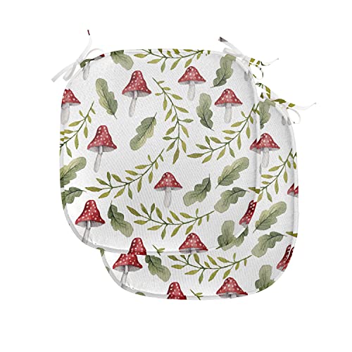 Ambesonne Mushroom Chair Seating Cushion Set of 2, Watercolor Pattern Green Leaves Forest Elements Botanical Woodland Theme, Anti-Slip Seat Padding for Kitchen & Patio, 16