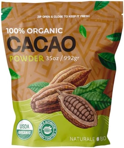 NaturaleBio Organic Cacao Powder 35oz, Cocoa Powder Unsweetened, Natural and Pure - Produced from Raw Cacao Beans. Source of Magnesium, Manganese and Phosphorus