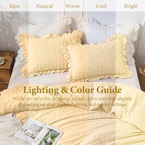 Image of JOLLYVOGUE King Size Comforter Set, 3 Pieces Light Yellow Seersucker Comforters King Size, Lightweight & Fluffy Bedding Sets King for All Season with 1 Ruffle Comforter and 2 Ruffle Pillowshams