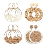 Raffia Hoop Earrings Set for Women Fun Boho Summer Beach Earrings Bulk Handmade Straw Wicker Rattan Dangle Earring Statement Geometric Round Drop Earring Bohemian Jewelry, 4 Pairs