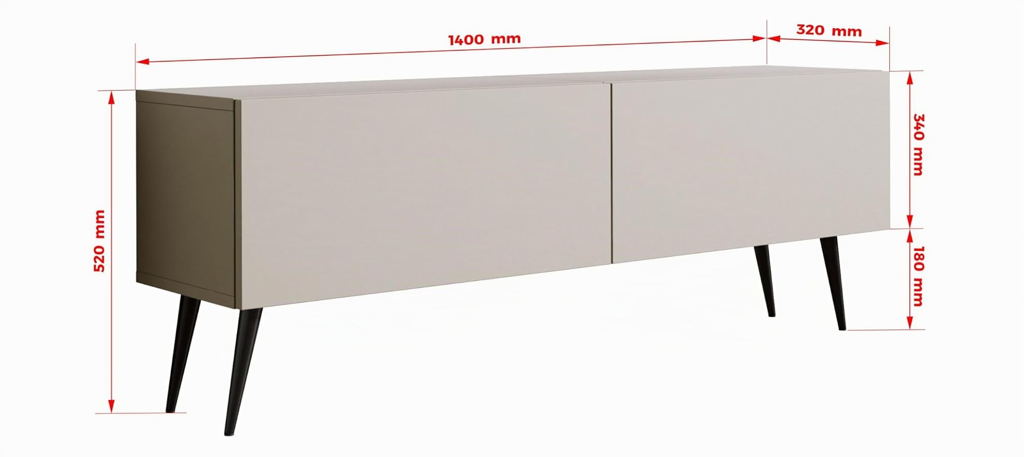 3E 3xE living.com TV-Schrank: Zwei Türen, Zwei Regale, Farbe Kaschmir, Schwarze Beine, A: B: 140 cm, H: 52 cm, T: 32 cm,