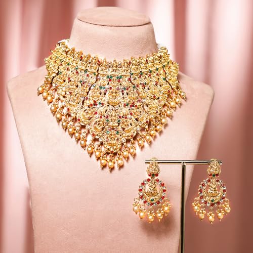 Image of Rubans Gold Plated Temple Necklace Set Traditional Statement Jewellery Gift for Women & Girls