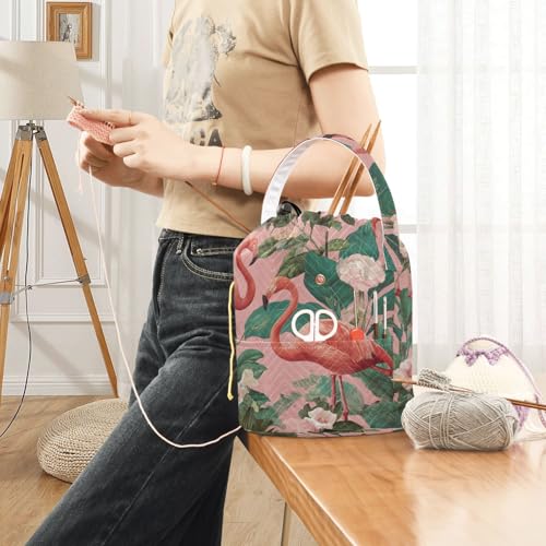 Image of ElliTarr Crochet Bag Yarn Bag with Handle Portable Knitting Project Bag Travel Yarn Storage Organizer Holder Case Pink Cute Tropical Flamingo and Plants