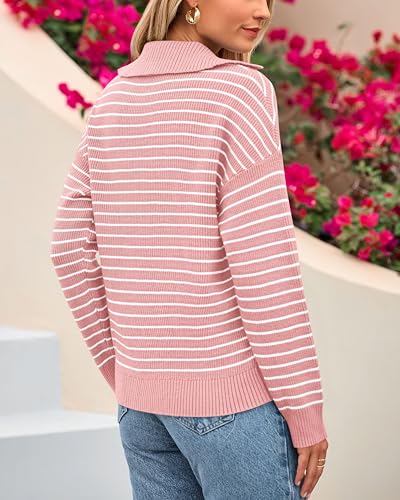 BTFBM Women's Striped Long Sleeve Sweater V Neck Lapel Collar 2024 Fall Winter Fashion Ribbed Knit Loose Pullover Tops4