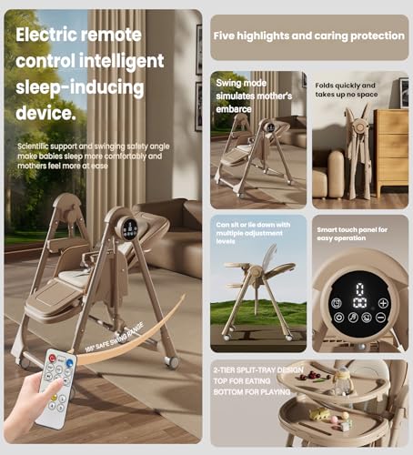 Image of Nine point nine Electric Bluetooth Smart PU Leather Baby High Chair with Swinging Function, High Chairs for Babies and Toddlers, Baby Seat Feeding Chairs, Removable Wheels, Double Tray (E8121 Khaki)