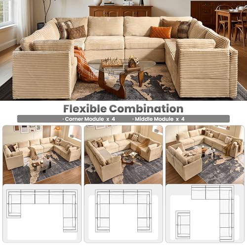 Image of ovios Modular Sectional Sofa Couch with U-Shape Chaise Oversized, Comfy Plush Corduroy Cloud Couches, Modern Luxury Deep Seat Sofas Set for Living Room, 8-Seater, Beige