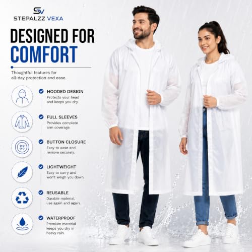 Image of Full Length Waterproof Raincoat for Men & Women | Hooded Transparent Rain Wear with Sleeves | Reusable Long Rain Jacket for Bike Riding, Travel, Camping & Monsoon Protection