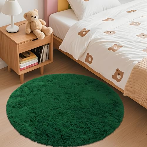 OLANLY Dark Green Round Rugs for Bedroom - Machine Washable, 3 ft Circle Area Rugs for Living Room, Soft and Fluffy Shaggy Carpet for Teen Girls and Boys, Nursery Rooms, Dorms, Home Decor Aesthetic