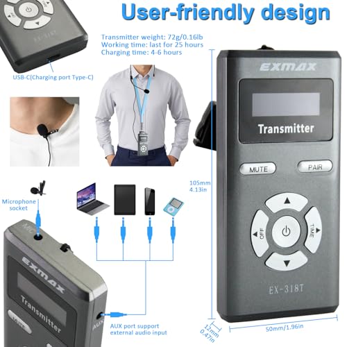 Sistema inalámbrico de guía turística EXMAX-EX-318 con transmisor y micrófono para iglesia, aulas, seminarios, negocios, exposiciones, conferencias, bodas y capacitaciones (1 transmisor y 2 receptores) miniatura 3