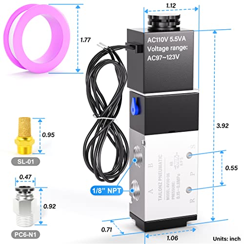 Image of TAILONZ PNEUMATIC 1 /8 inchNPT Solenoid Valve 4V110-06 AC110V Single Coil Pilot-Operated Electric 2 Position 5 Way Connection Type Outlet wire