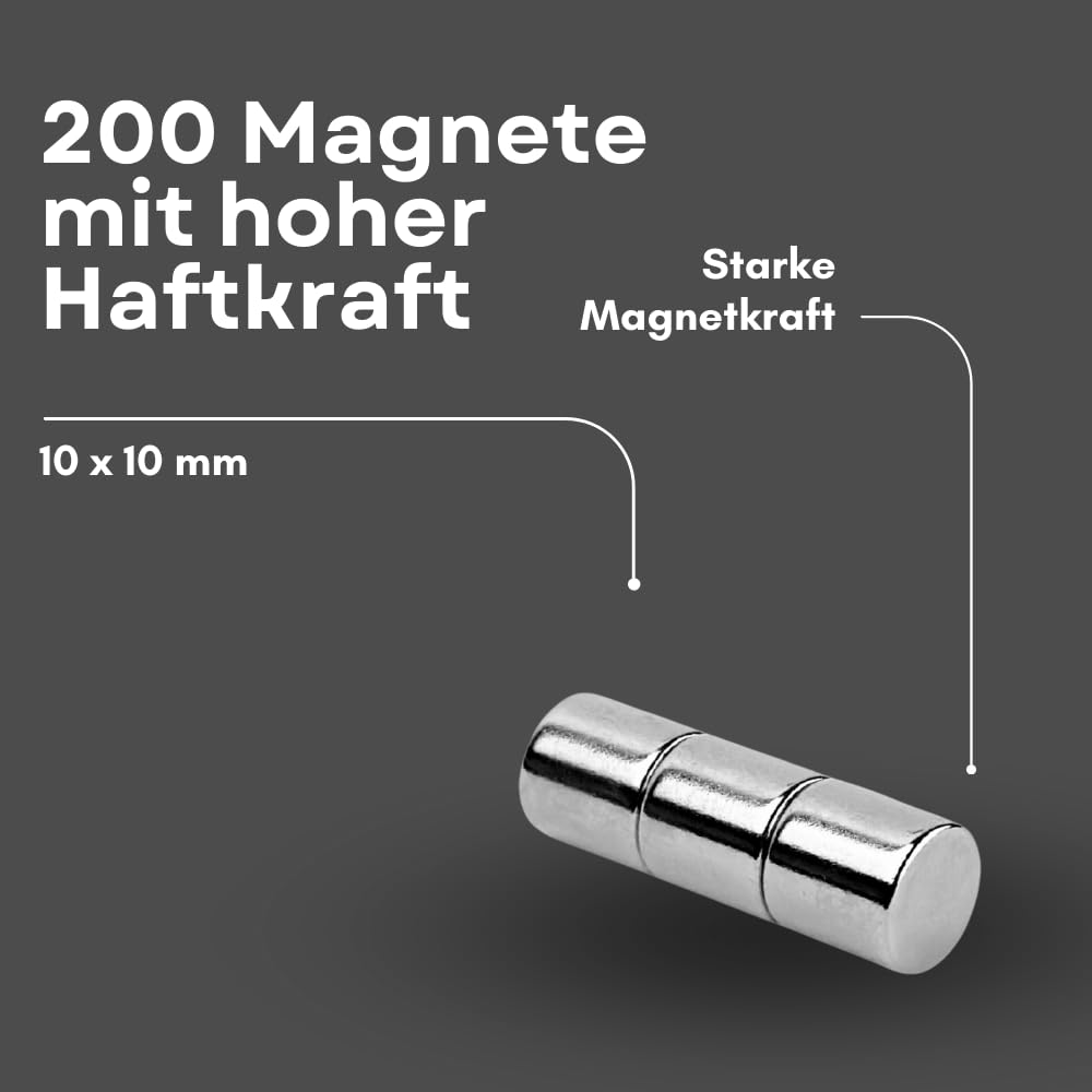 Strong Magnets Neodym Magnet - Rund 10 x 10 mm - 200 Stück - Extra stark, hält bis 3,6kg - Für Magnettafel, Kühlschrank, Whiteboard, Pinnwand, Büro