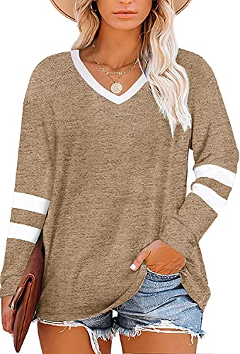Camiseta de manga larga con diseño color block de rayas y escote en V caqui en talla XXXXXXL