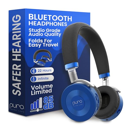 Puro Sound Labs JuniorJam Plus Volume-Limiting Wireless Bluetooth Headphones for Kids, Secure Audio with Adjustable On-Ear Design, 22-Hour Battery Life, Ideal for Tablets, Smartphones & PCs - Blue