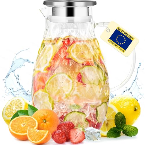 Produktfoto von Karaffe aus Borosilikatglas mit Deckel und Ausgießer - Glaskaraffe mit einzigartigem Rautenmuster für 2 Liter kaltes…