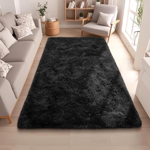 Black Rugs for Bedroom 4x5.9 ft - Ultra Soft Faux Fur Area Rug - Plush Non-Slip Shaggy Carpet for Living Room, Cozy Fluffy Rug for Kids Boys Girls Dorm Nursery Room, High Pile Floor Carpet